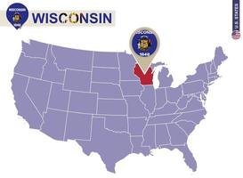 estado de wisconsin en el mapa de estados unidos. bandera y mapa de wisconsin. vector