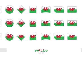 conjunto de banderas de Gales, banderas simples de Gales con tres efectos diferentes. vector
