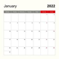 plantilla de calendario de pared para enero de 2022. planificador de vacaciones y eventos, la semana comienza el lunes vector