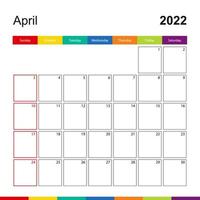 calendario de pared colorido de abril de 2022, la semana comienza el domingo. vector