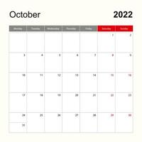 plantilla de calendario de pared para octubre de 2022. planificador de vacaciones y eventos, la semana comienza el lunes. vector