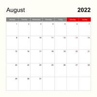 Wall calendar template for August 2022. Holiday and event planner, week starts on Monday. vector