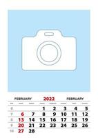 calendario febrero 2022 planificador tamaño a3 con lugar para tu foto. vector