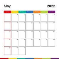 calendario de pared colorido de mayo de 2022, la semana comienza el domingo. vector