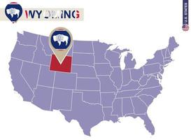 estado de wyoming en el mapa de estados unidos. bandera y mapa de wyoming. vector