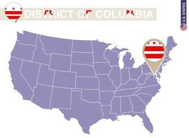 District of Columbia on USA Map. District of Columbia flag and map. vector