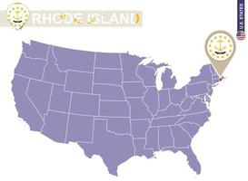 Rhode Island State on USA Map. Rhode Island flag and map. vector