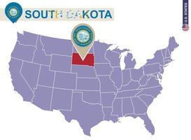 South Dakota State on USA Map. South Dakota flag and map. vector