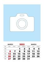 March 2022 calendar planner A3 size with place for your photo. vector