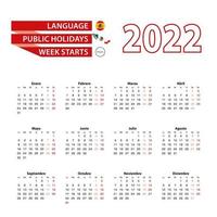 Calendar 2022 in Spanish language with public holidays the country of Mexico in year 2022. vector