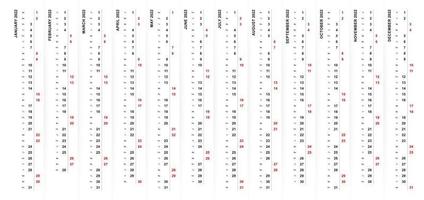 2022 vertical calendar design, Saturday and Sunday selected in different color and row. vector