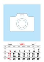 July 2022 calendar planner A3 size with place for your photo. vector