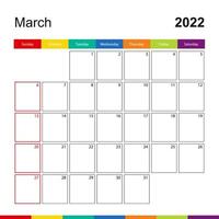 calendario de pared colorido de marzo de 2022, la semana comienza el domingo. vector