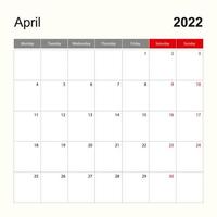 Wall calendar template for April 2022. Holiday and event planner, week starts on Monday. vector