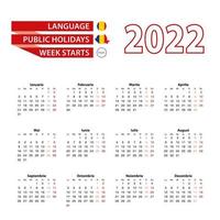 Calendar 2022 in Romanian language with public holidays the country of Romania in year 2022. vector