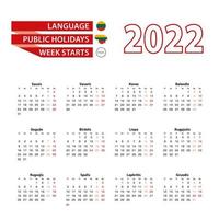 Calendar 2022 in Lithuanian language with public holidays the country of Lithuania in year 2022. vector