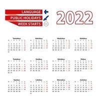 Calendario 2022 en idioma finlandés con días festivos en el país de Finlandia en el año 2022.