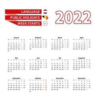 Calendario 2022 en idioma francés con días festivos en el país de Bélgica en el año 2022.
