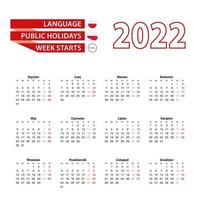 Calendar 2022 in Polish language with public holidays the country of Poland in year 2022. vector