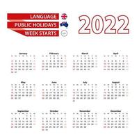 Calendario 2022 en idioma inglés con días festivos en el país de Australia en el año 2022. vector