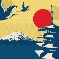 Japanese Style Elements Background With Fuji Mountain View vector