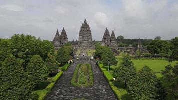 Aerial view of Indonesian hinduism people pray in Prambanan temple in Yogyakarta, Indonesia. video