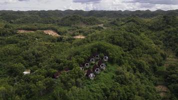 Flygfoto över vacker isolerad villa med liten pool mitt i en skog video