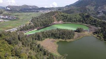 Aerial view of Telaga Warna lake in Dieng Wonosobo, Indonesia video