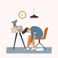 Professional burnout. Young exhausted manager sitting at the office. Long working day. Millennials at work. Flat editable vector illustration.