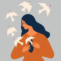 The girl frees the birds from her chest. The psychological concept of mental health, manipulation or dependence. vector