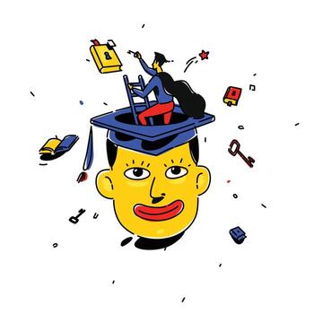 Illustration of a student in a square cap. Vector. Man on the stairs rises to the sky for a dream. Metaphor. The book with the key as an image of knowledge and education. Surreal picture. vector