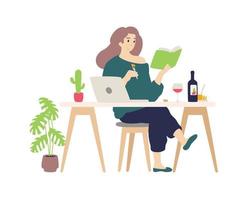 Cute girl resting at the computer at home. Vector. A young lady drinks wine and cheese tasting. Reads a book, engaged in self-education. Illustration for the magazine. Internet banner. vector