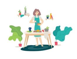 Illustration of a girl in an apron cooking in the kitchen. Vector. Flat cartoon style. Woman at cooking. Homemade healthy food. Healthy lifestyle. Cooking lessons. Poster, banner. vector