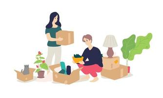Illustration of a girl and a young man unpacking household items. Vector. Flat cartoon style. Moving to a new apartment. Cargo delivery. Husband, wife and cat pack their belongings. Banner. vector