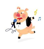 ilustración de un cerdo con un micrófono y un abrigo de cola. vector. artista de canciones populares disfrazado de cerdo. mascota para club de música, cafetería, karaoke. imagen de dibujos animados brillante.