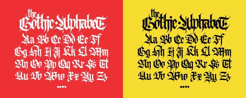 Gothic. Vector. Uppercase and lowercase letters on a red background. Beautiful and stylish calligraphy. Elegant European typeface for tattoo and design. Medieval Germanic modern style.