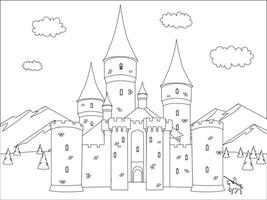 Fantasy castle in mountains. Black and white vector illustration for coloring book