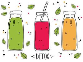 Colorful Vector Set of bootles with smoothies. Superfoods or detox diet food concept in sketch style