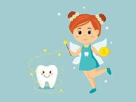 Vector Illustration of a cute Tooth Fairy flying with a magic wand and tooth