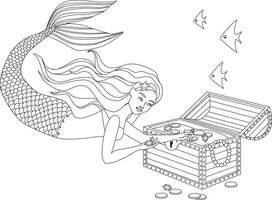 Mermaid and underwater treasure. Black and white vector illustration for coloring book