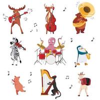 colección de lindos músicos de dibujos animados de animales con guitarra, flauta, tambores, violín, saxo. ilustración vectorial infantil plana. vector