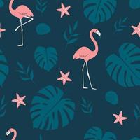 Summer pattern. Vector seamless pattern with summer symbols, such as flamingo, tropical leaves, and starfish in doodle style.