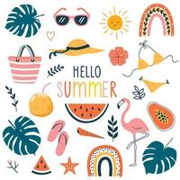 Hello Summer collection. Vector set of colorful funny doodle summer symbols, such as flamingo,sunglasses, tropical leaves, rainbow, coconut.