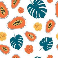 Vector seamless pattern with Papayas and tropical leaves.