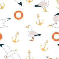 Summer pattern. Vector seamless pattern with summer symbols, such as seagulls, anchor,