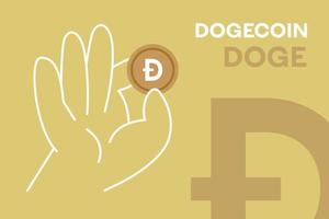 mano sujetando dogecoin meme cryptocurrency vector editable. pancarta de diseño plano doge crypto. doge token icono de bronce amarillo para aplicaciones, web y animación.