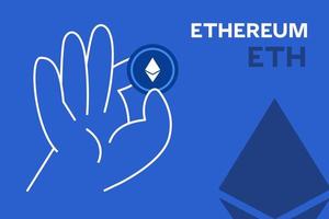 mano que sostiene el vector editable de la criptomoneda ethereum. banner de diseño plano criptográfico eth. token eth sobre fondo azul, para aplicaciones, web y animación.