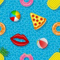 patrón impecable con coloridos inflables en el fondo del agua de la piscina. textura transparente de verano con globos, colchones inflables y anillos de natación vector