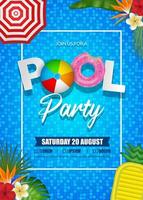 Summer pool party poster with inflatables, tropical leaves and beach umbrella on water background vector