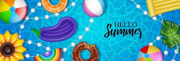 hola pancarta de verano con pelotas inflables, colchones y anillos de natación en el fondo del agua de la piscina vector